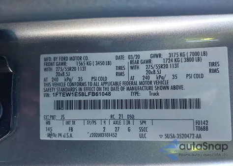 2020 Ford F-150 Xlt from USA, damaged, VIN 1FTEW1E58LFB61048